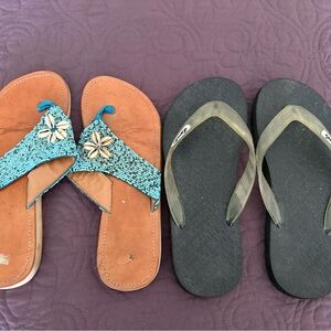 Cals Blue and Tan Beaded Floral Sandals